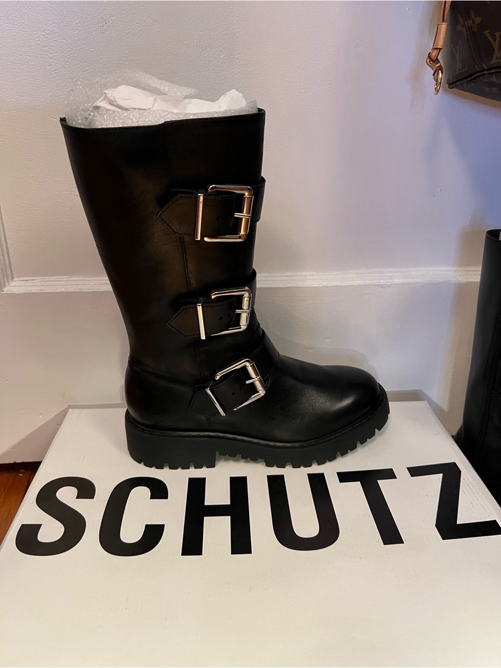 SCHUTZ Black Leather Triple Buckle Mid-Calf Boot